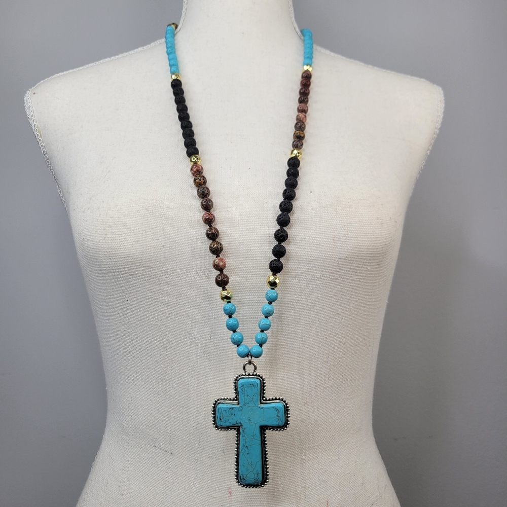 Turquoise Cross Pendant, Beaded Necklace